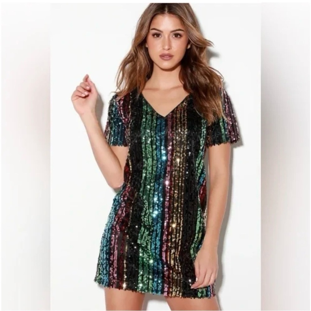 Lulus NEW Firework Wonders Multi Color Striped Sequin Shift Dress sz S